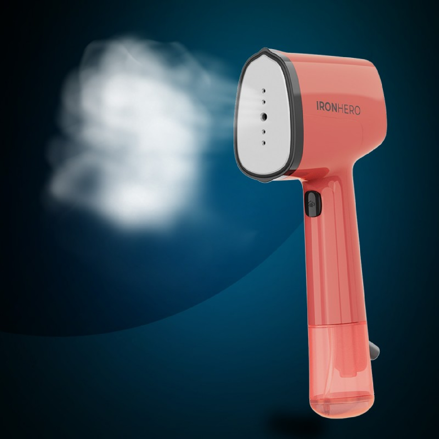 Un vaporizzatore per indumenti portatile rosso emette vapore su sfondo scuro.