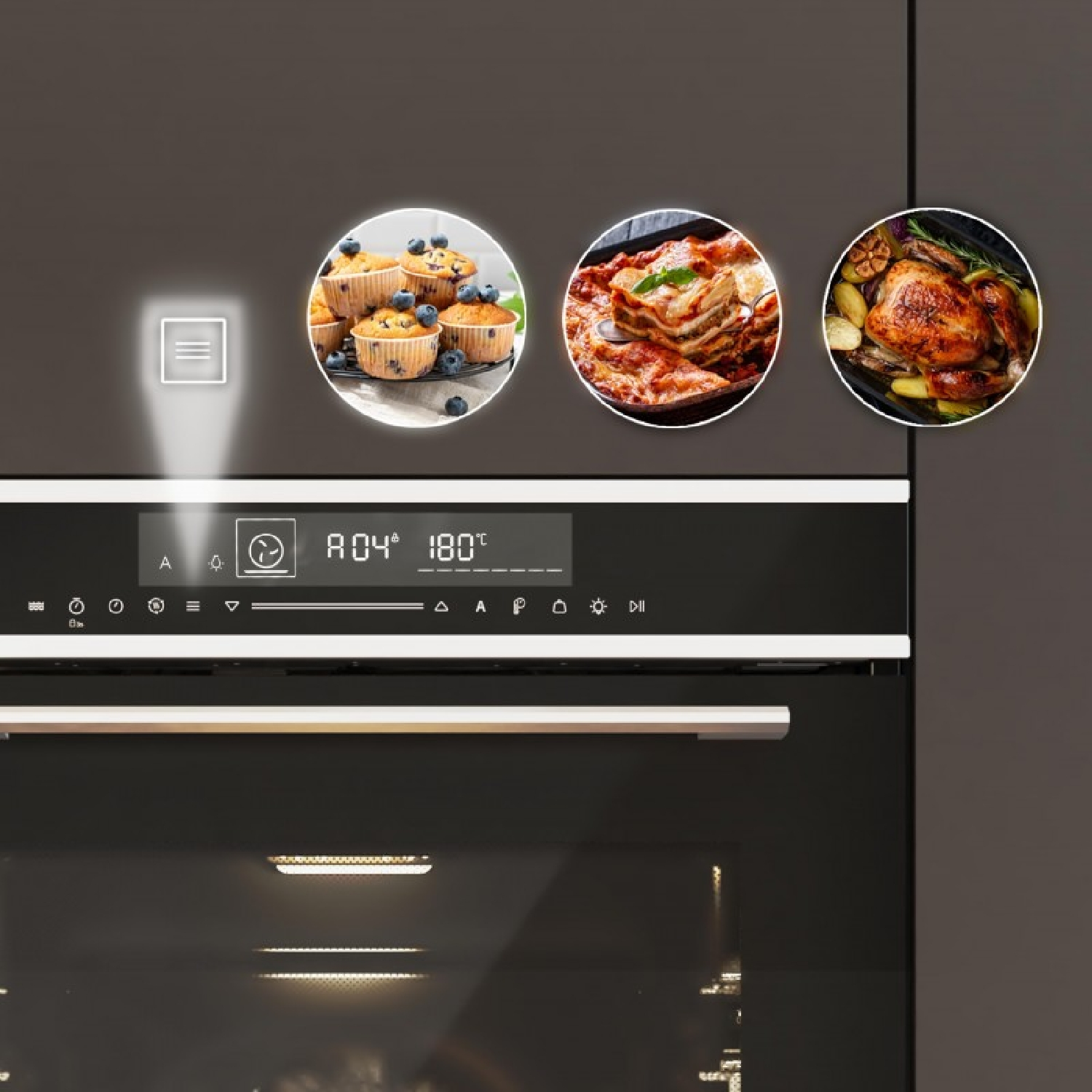 Horno moderno con pantalla digital y tres imágenes circulares de magdalenas, lasaña y pollo asado.