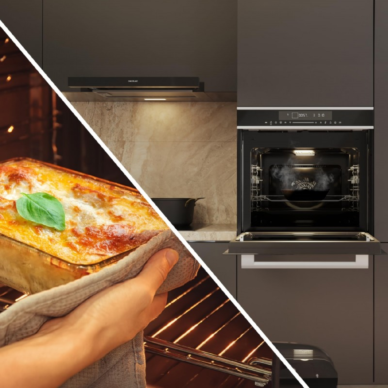 Una persona sostiene una lasaña fresca del horno en una cocina moderna con vapor.