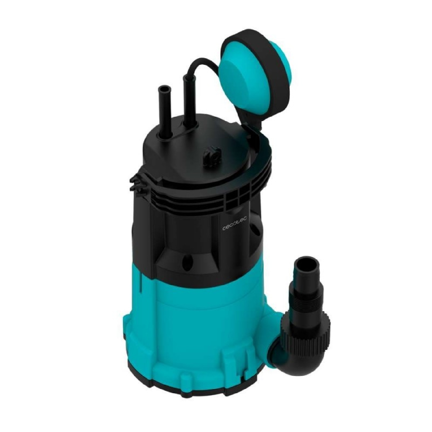 Una bomba de agua sumergible negra y turquesa con asa y tubo de salida negro sobre fondo blanco.