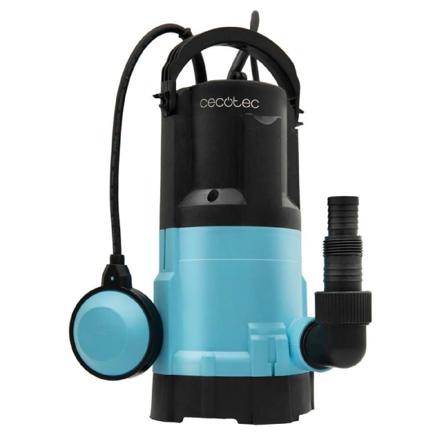 Una bomba de agua Cecotec negra y azul claro con interruptor de flotador sobre fondo blanco.
