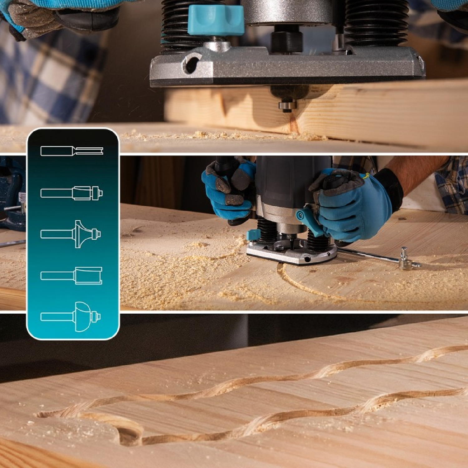 Fresadora para madera en acción con tablones de madera y brocas.