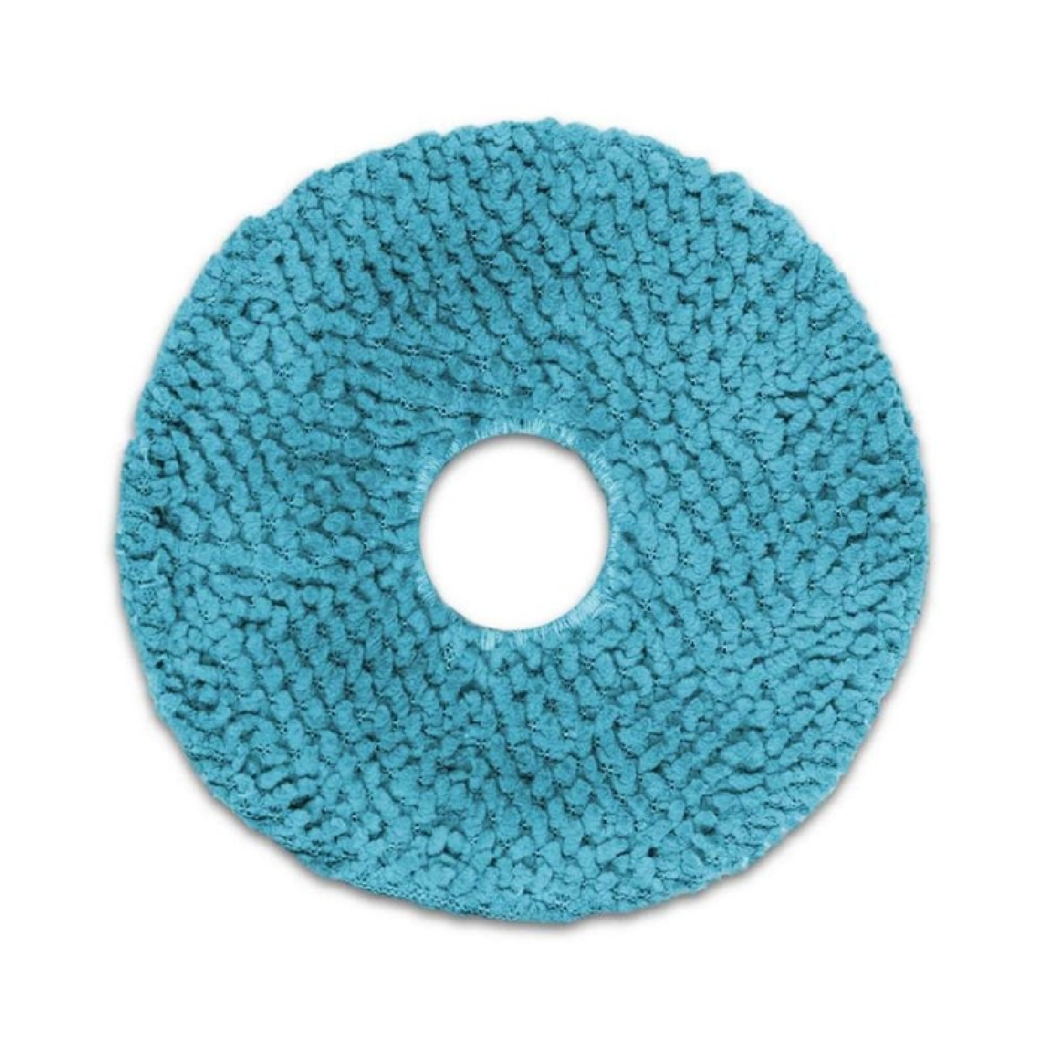 Una almohadilla de mof de microfibra azul, redonda y texturizada, con una abertura circular central sobre fondo blanco.