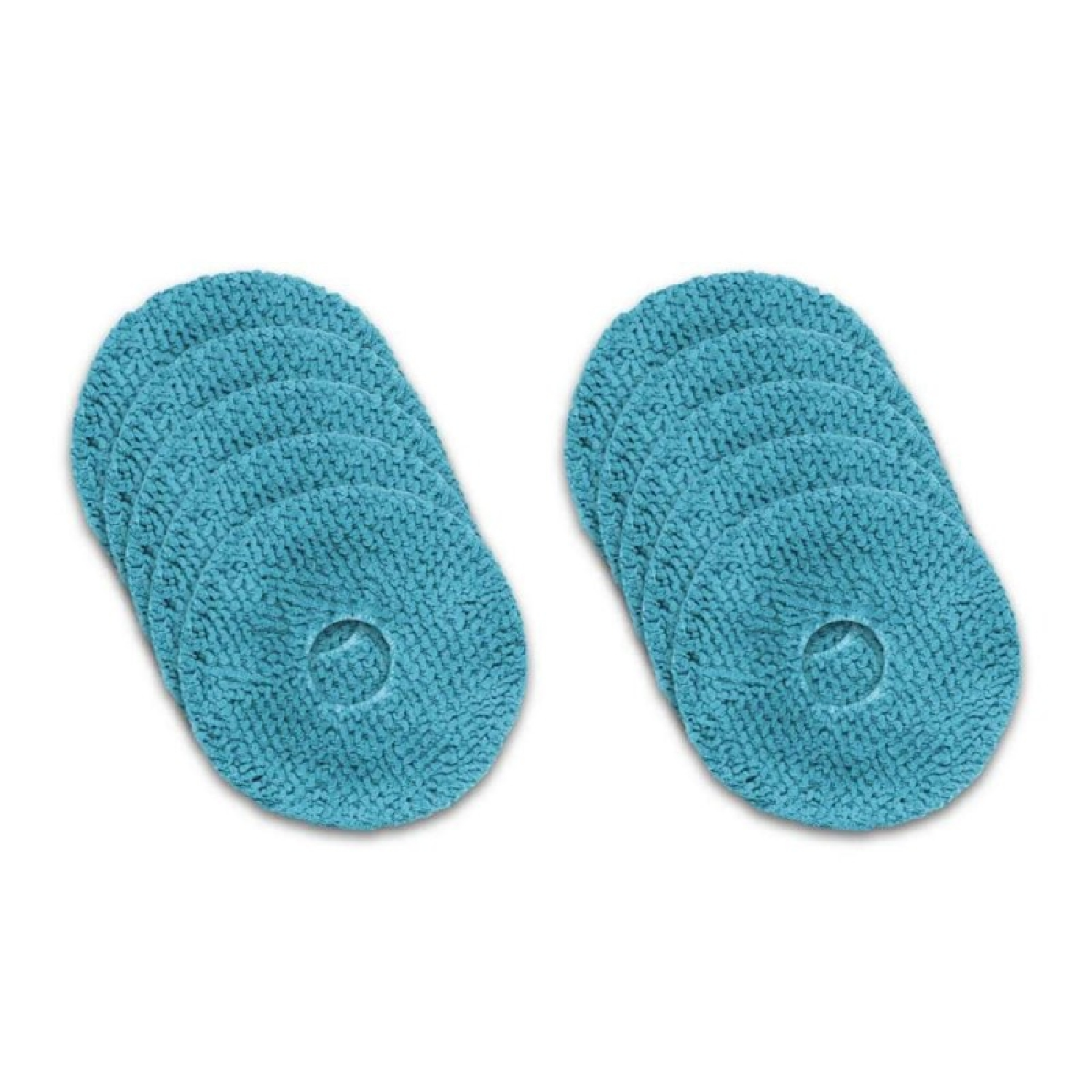 Dos pilas de cuatro almohadillas de mopa de microfibra azul claro redondas sobre fondo blanco.