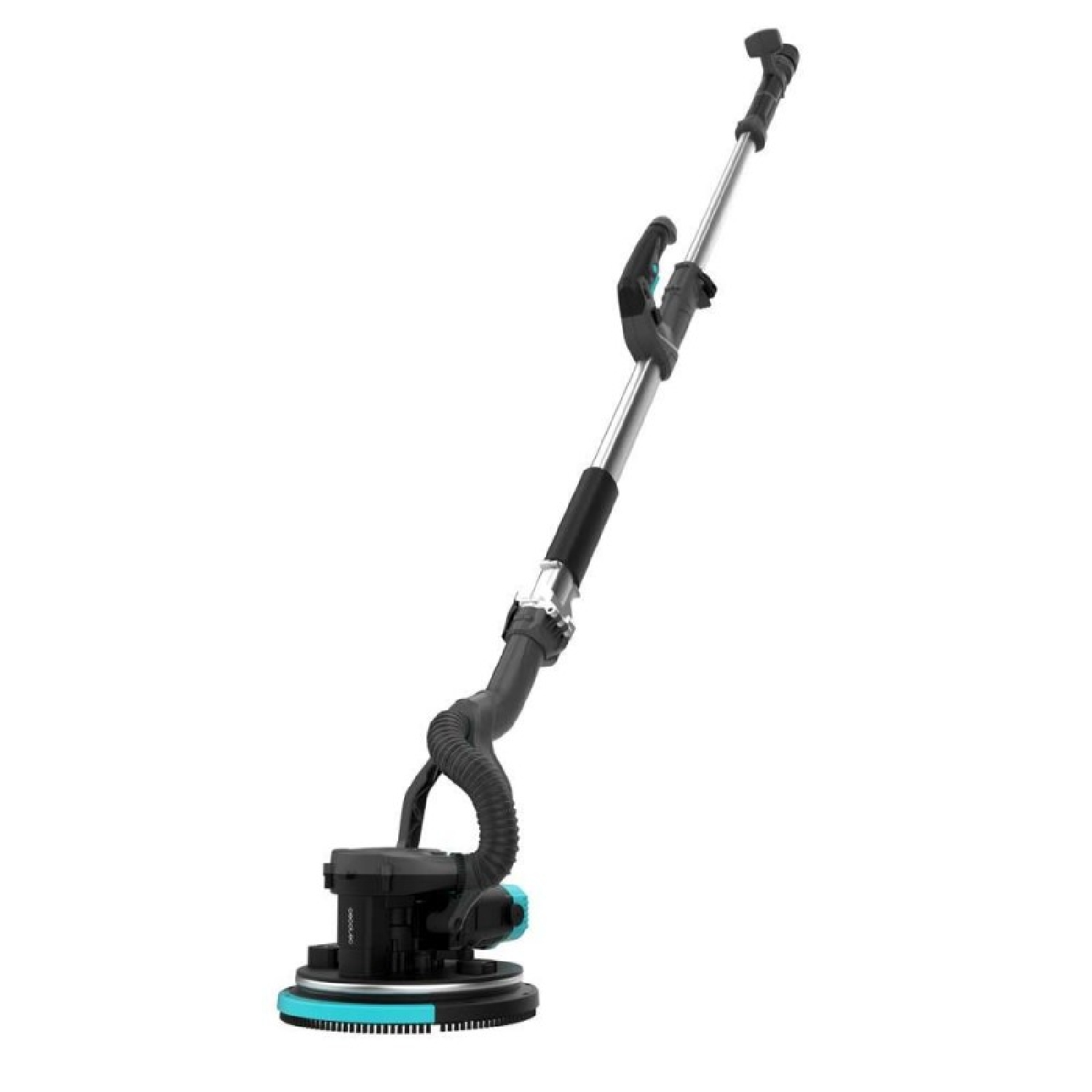 Una lijadora eléctrica de pared con mango telescópico largo, carcasa negra del motor y aro azul de cepillo.