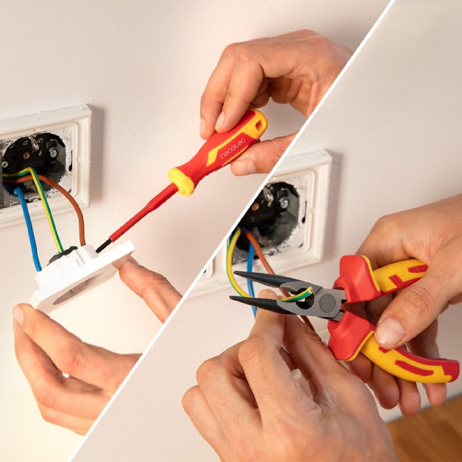 Una persona usa un destornillador rojo en un enchufe y alicates en cables eléctricos.