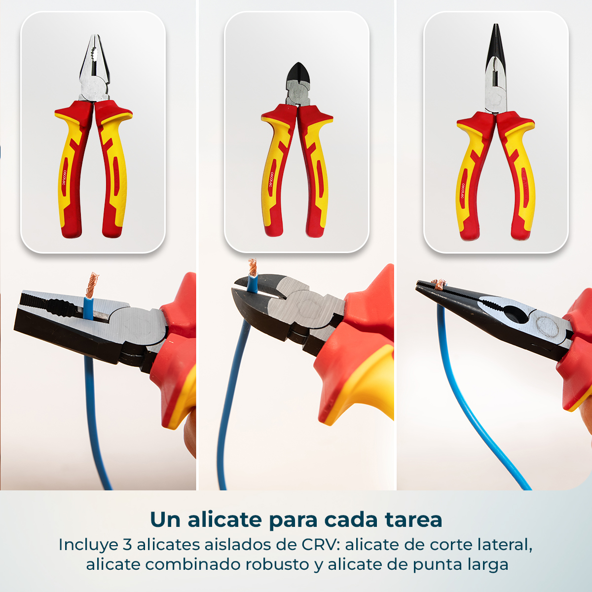 Tres alicates aislados CRV: universal, de corte lateral y de punta larga, cortando cables azules.
