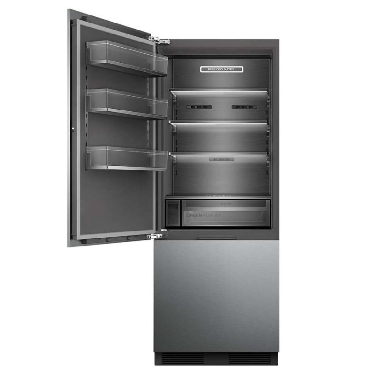 Un refrigerador moderno abierto con estantes, compartimentos en la puerta e interior iluminado.