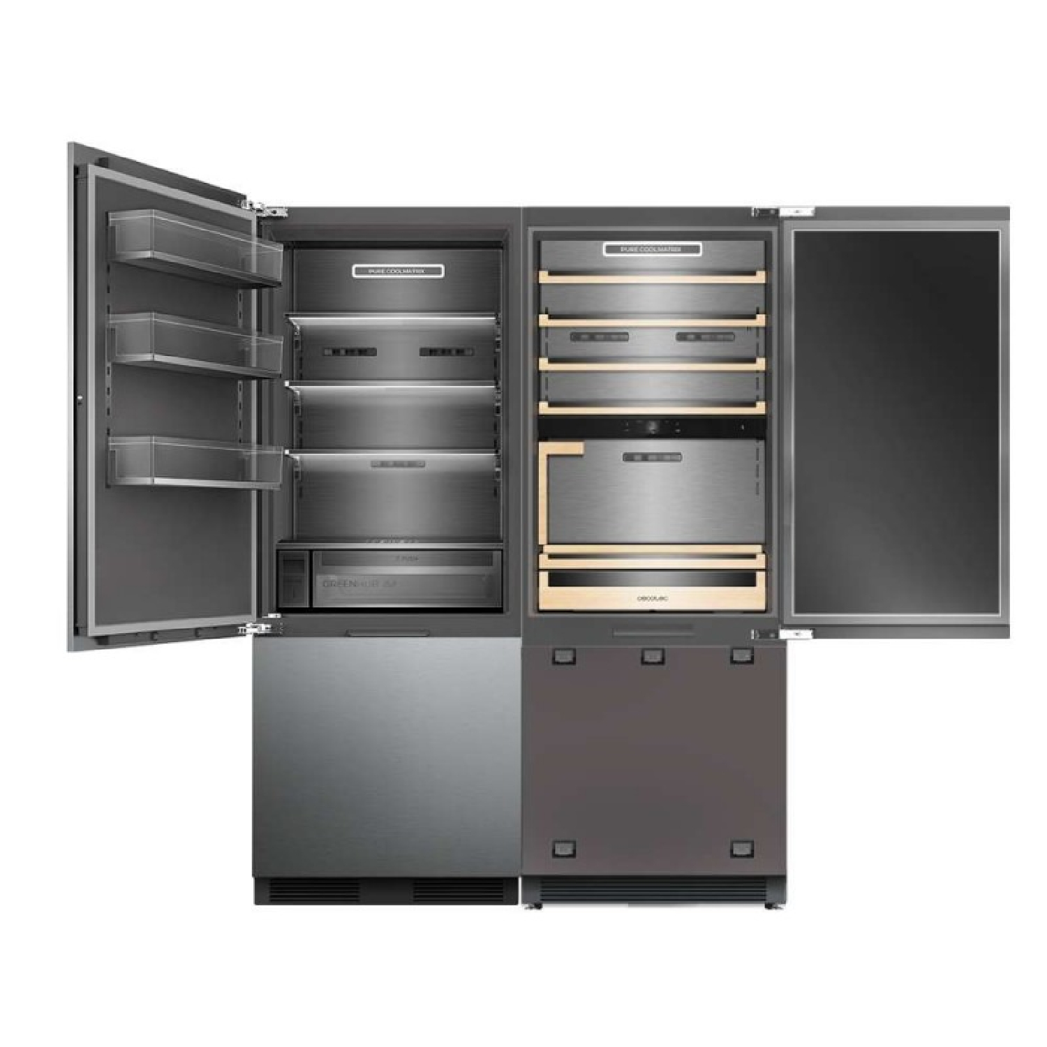 Moderna combinación de frigorífico y congelador empotrado gris con puertas abiertas, estantes de vidrio y botelleros.