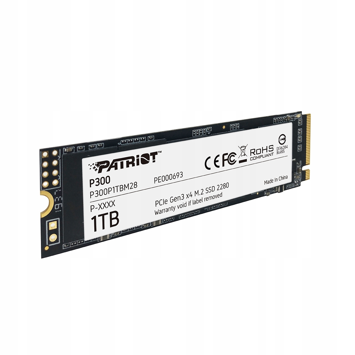 Patriot P300 1TB M.2 SSD with black circuit board and white label on white background.
