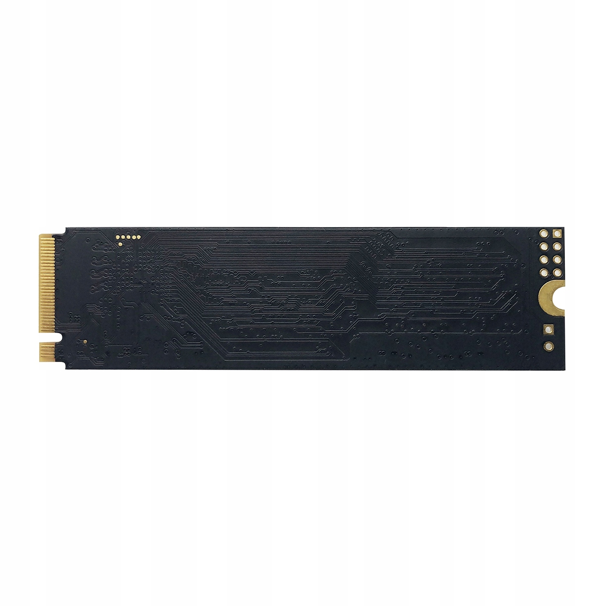 A black SSD circuit board with gold pins and visible traces against a white background.