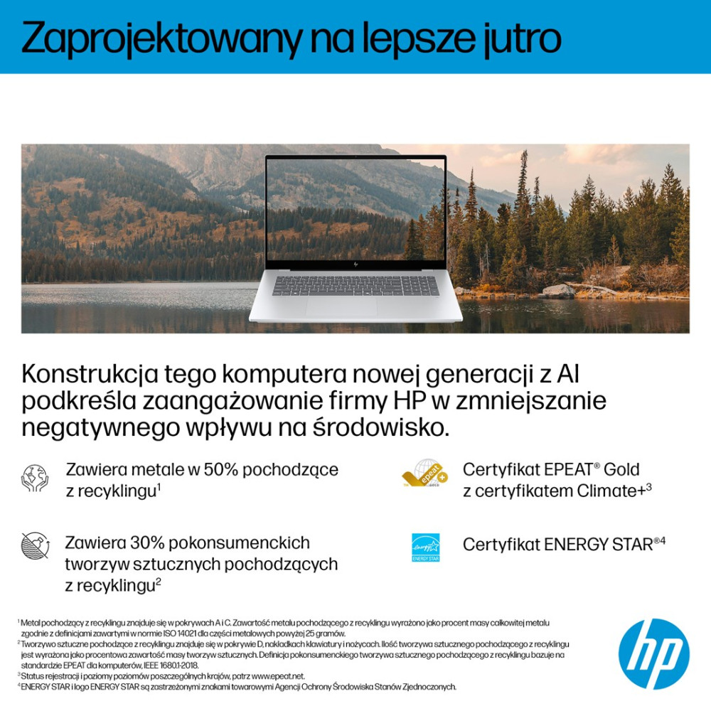 Laptop HP na tle jeziora i gór, z certyfikatami środowiskowymi.