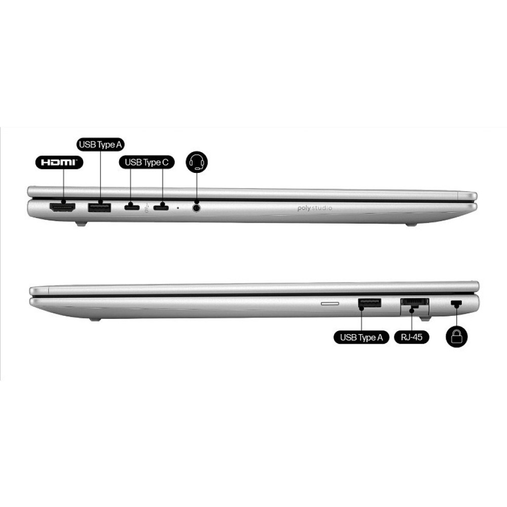 Srebrny laptop pokazany z obu stron, z portami HDMI, USB-A, USB-C, audio, RJ-45 i blokadą.