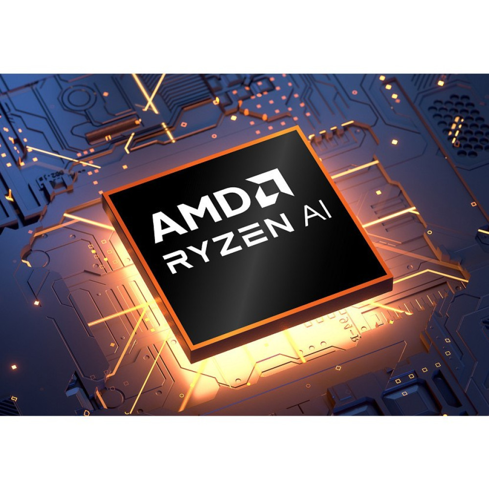 Mikrochip AMD Ryzen AI znajduje się na niebieskiej płytce drukowanej z żarzącymi się ścieżkami.