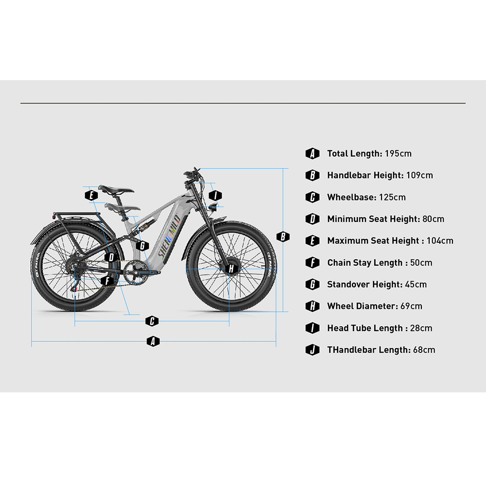 Dibujo técnico de una bicicleta eléctrica gris con dimensiones de la A a la J sobre fondo claro.