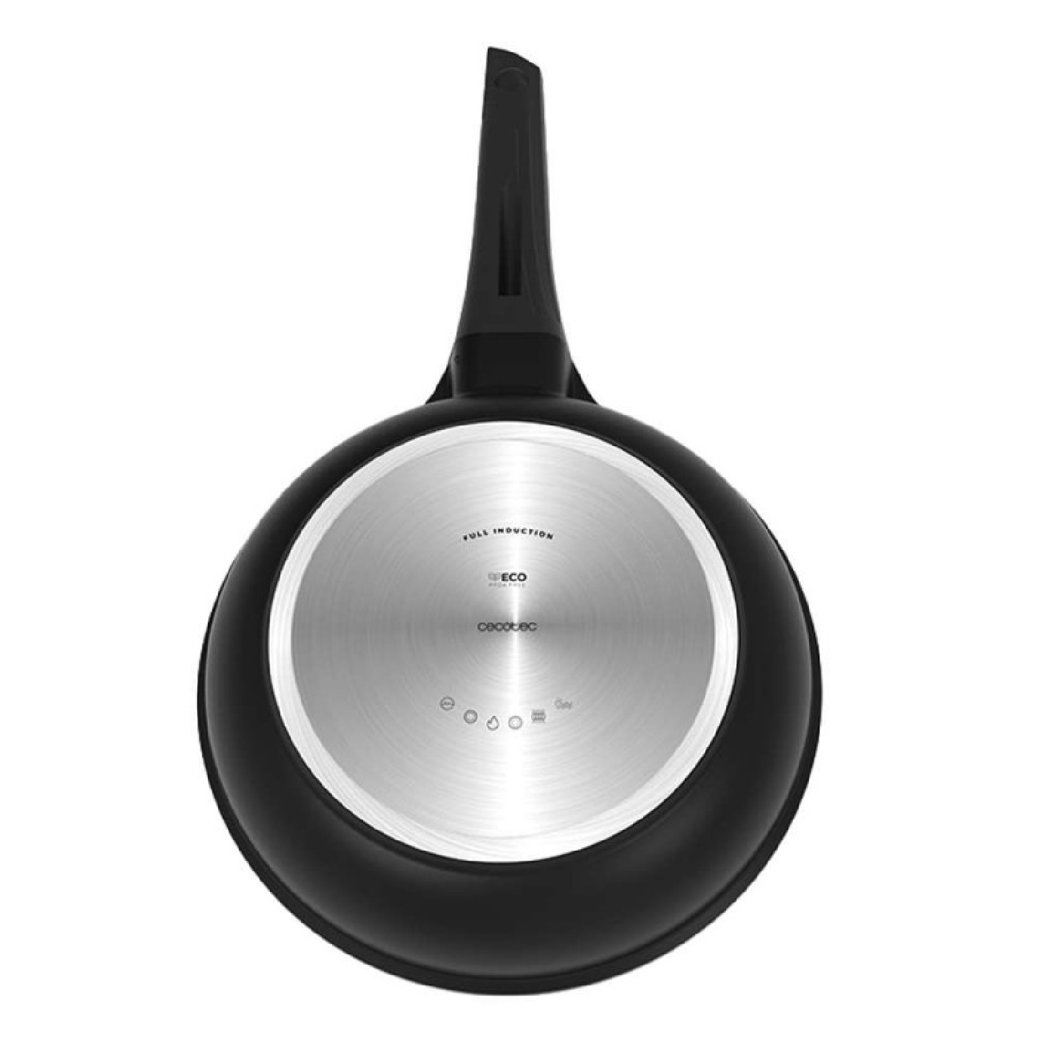 Vista inferior de una sartén negra con base de inducción sobre fondo blanco.
