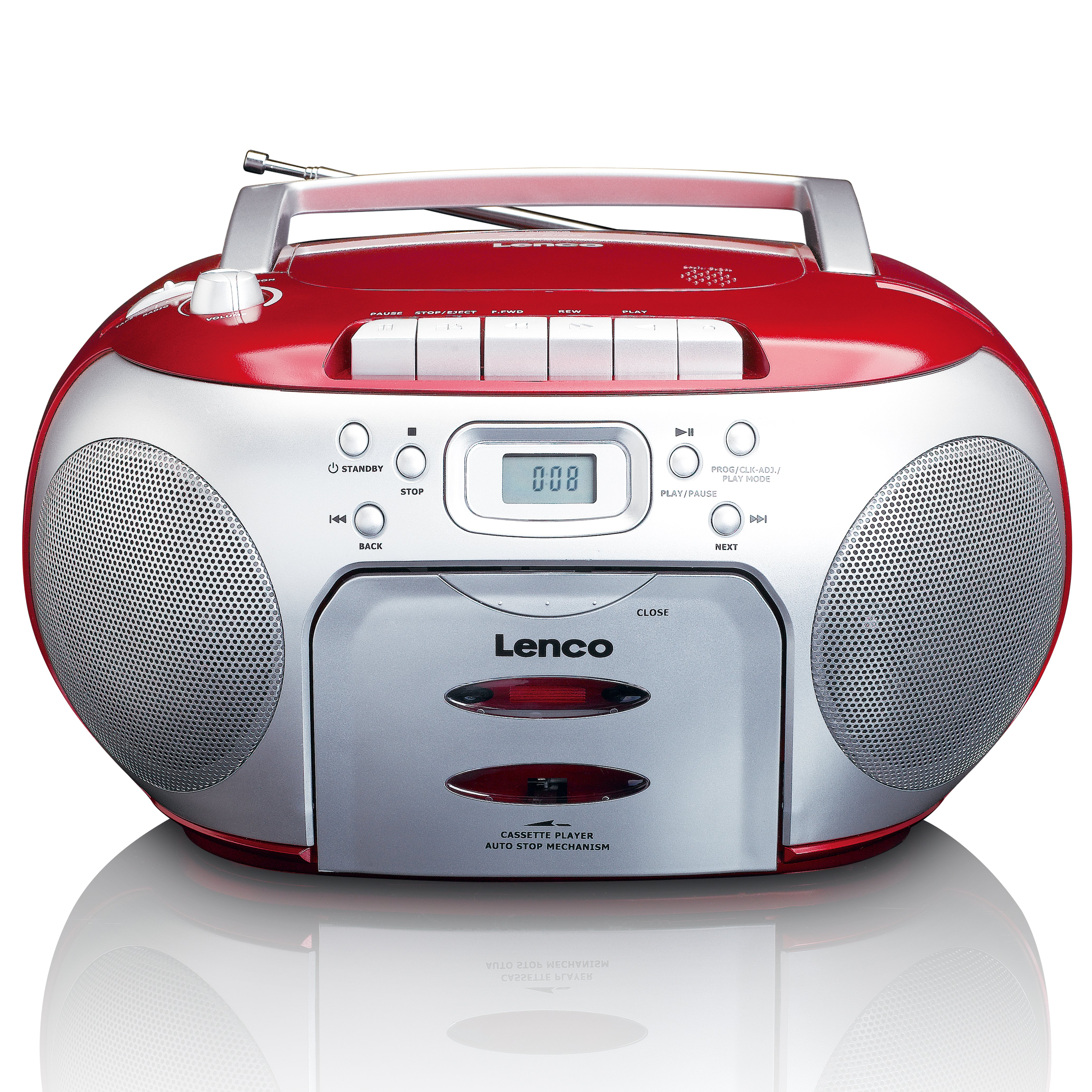 Ein rot-silberner Lenco Ghettoblaster mit Kassettenfach, Display und seitlichen Lautsprechern auf weißem Grund.