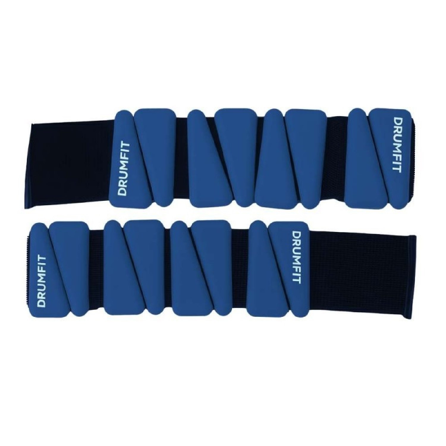 Dos muñequeras o tobilleras con pesas Drumfit azules con correas ajustables sobre fondo blanco.