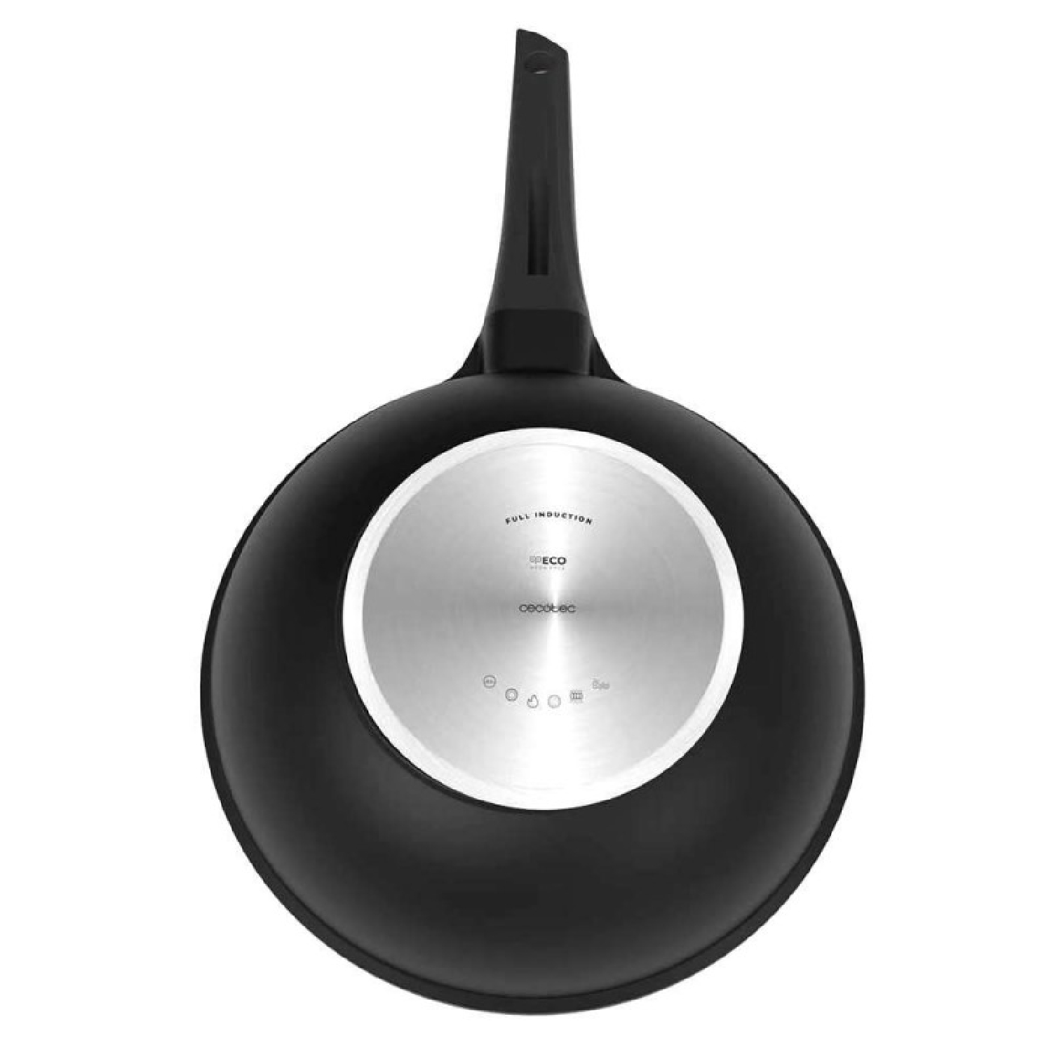 Una sartén negra con base de inducción y mango largo sobre fondo blanco.