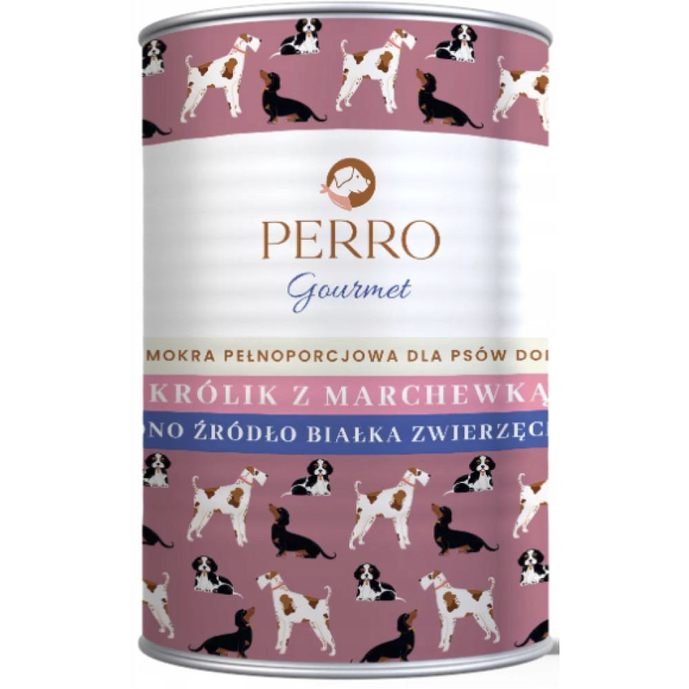 Puszka z karmą dla psów z wzorem przedstawiającym różne rasy psów na różowym tle oraz napisem Perro Gourmet.