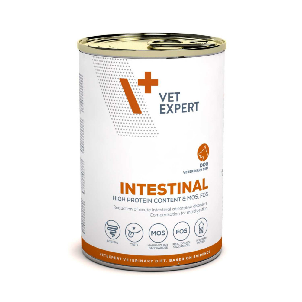 Biała puszka z karmą dla psów Vet Expert Intestinal z pomarańczowymi i szarymi akcentami na białym tle.