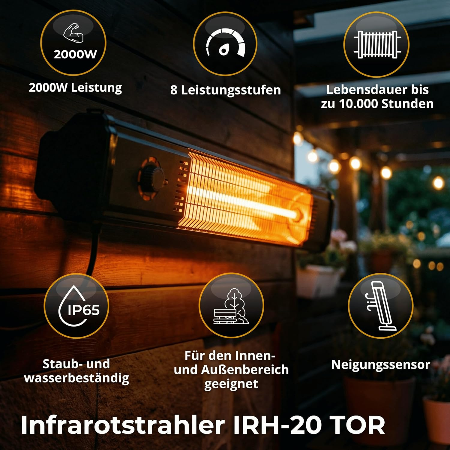 Schwarzer Infrarotstrahler IRH-20 TOR an Holzfassade mit Funktions-Icons und Texten.