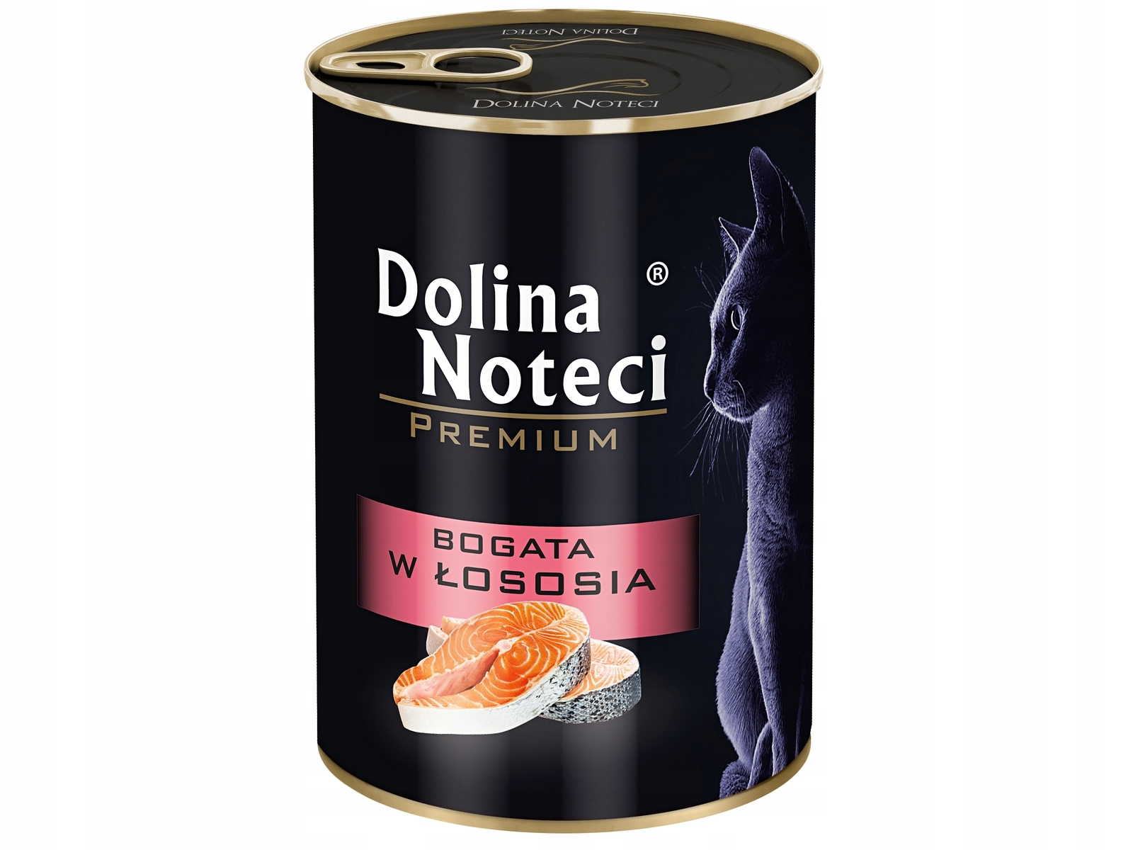 Czarna puszka karmy dla kota z łososiem, marki Dolina Noteci, z sylwetką czarnego kota.
