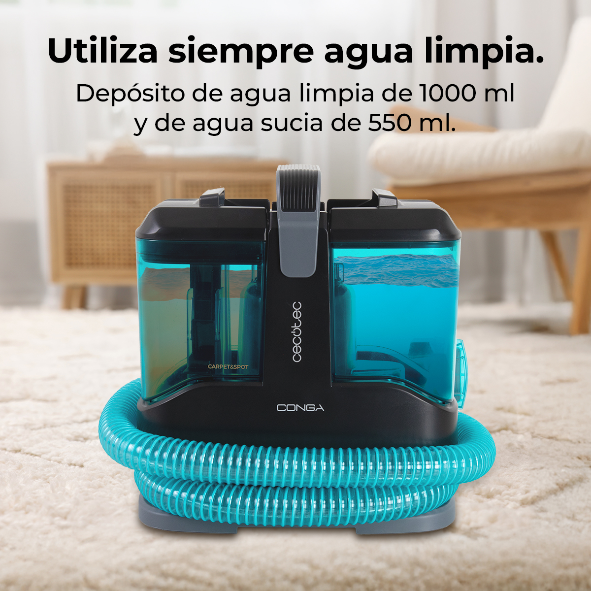 Un pulisci tappeti nero con serbatoi d'acqua blu e un tubo flessibile avvolto su un tappeto.