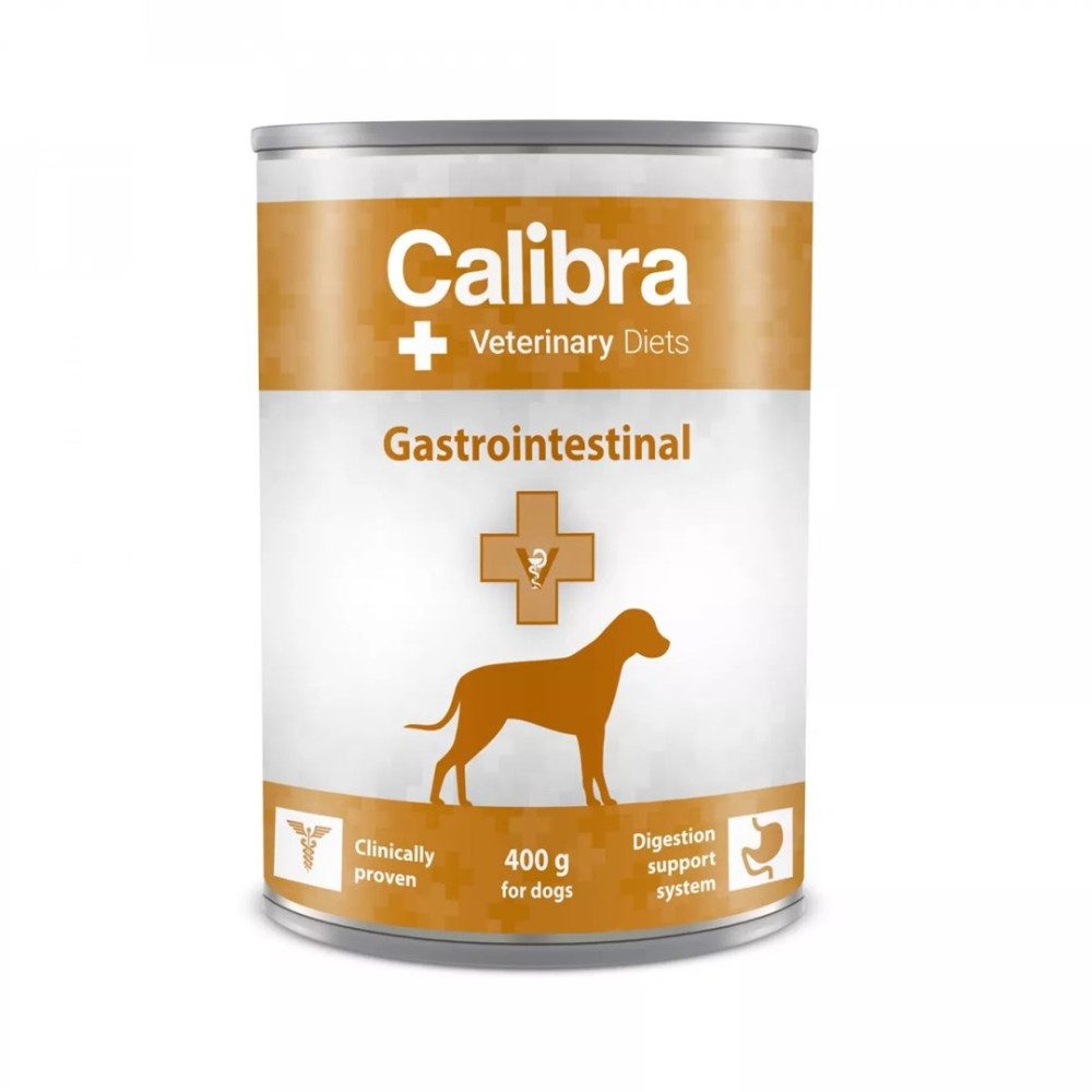 Puszka karmy dla psów Calbra Veterinary Diets Gastrointestinal z sylwetką psa.