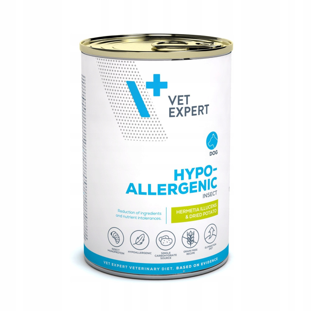 Biała puszka karma dla psa Vet Expert Hypoallergenic z niebieskim i zielonym napisem oraz ikonami na białym tle.