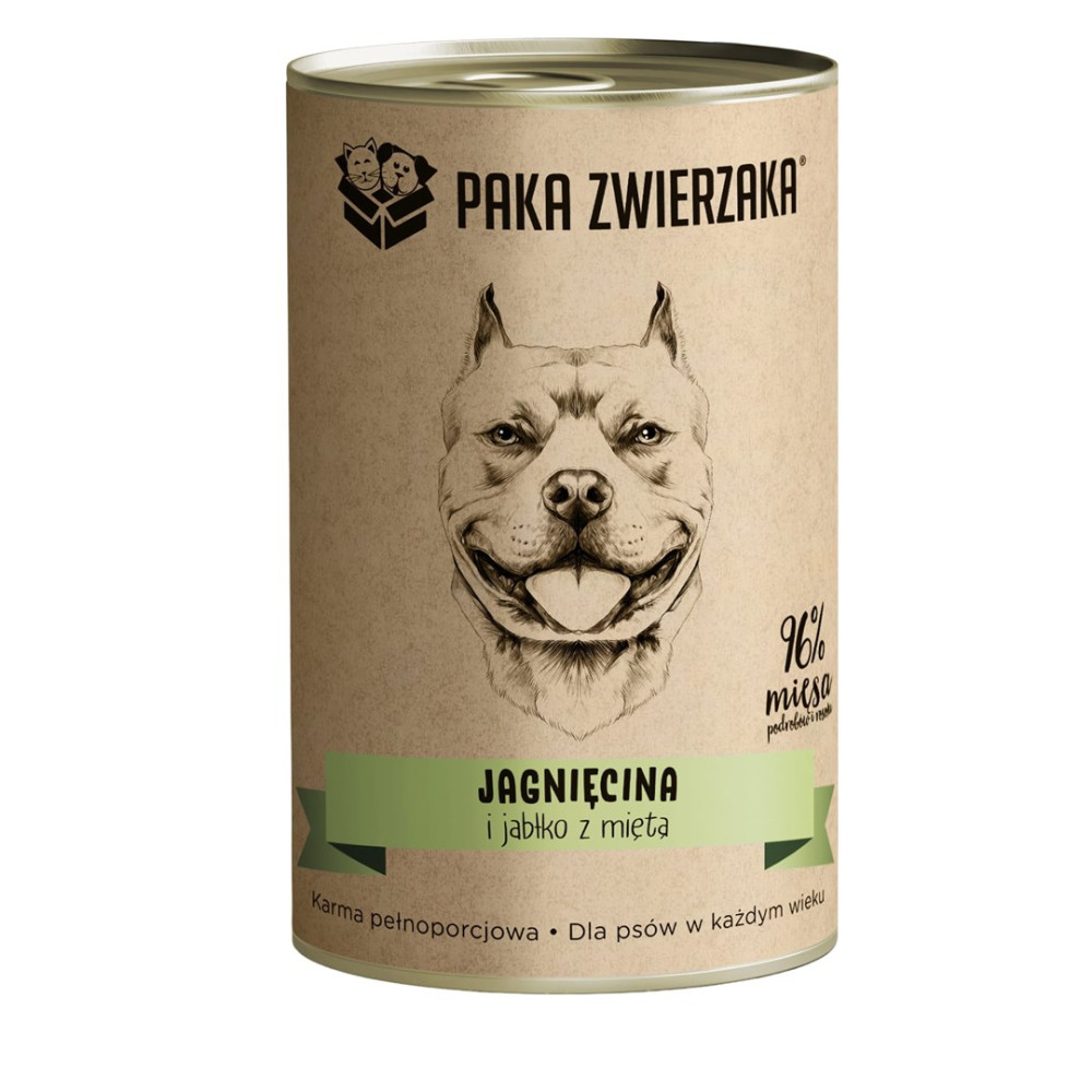 Kartonowa puszka z karmą dla psa z rysunkiem pitbulla i tekstem z przodu.