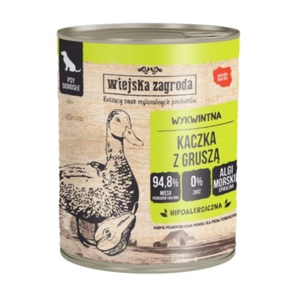 Puszka karmy dla psa z kaczką i gruszką na etykiecie na białym tle.
