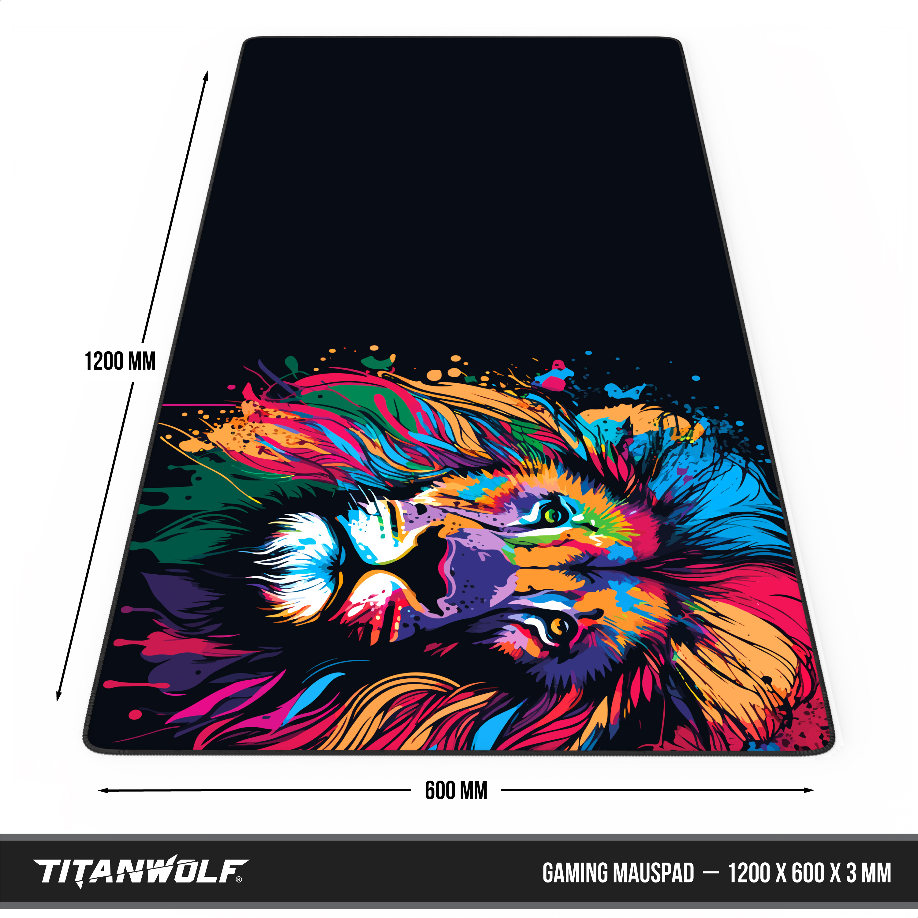 Ein großes, schwarzes Gaming-Mauspad mit einem bunten, abstrakten Löwengesicht und Maßen von 1200x600 mm.