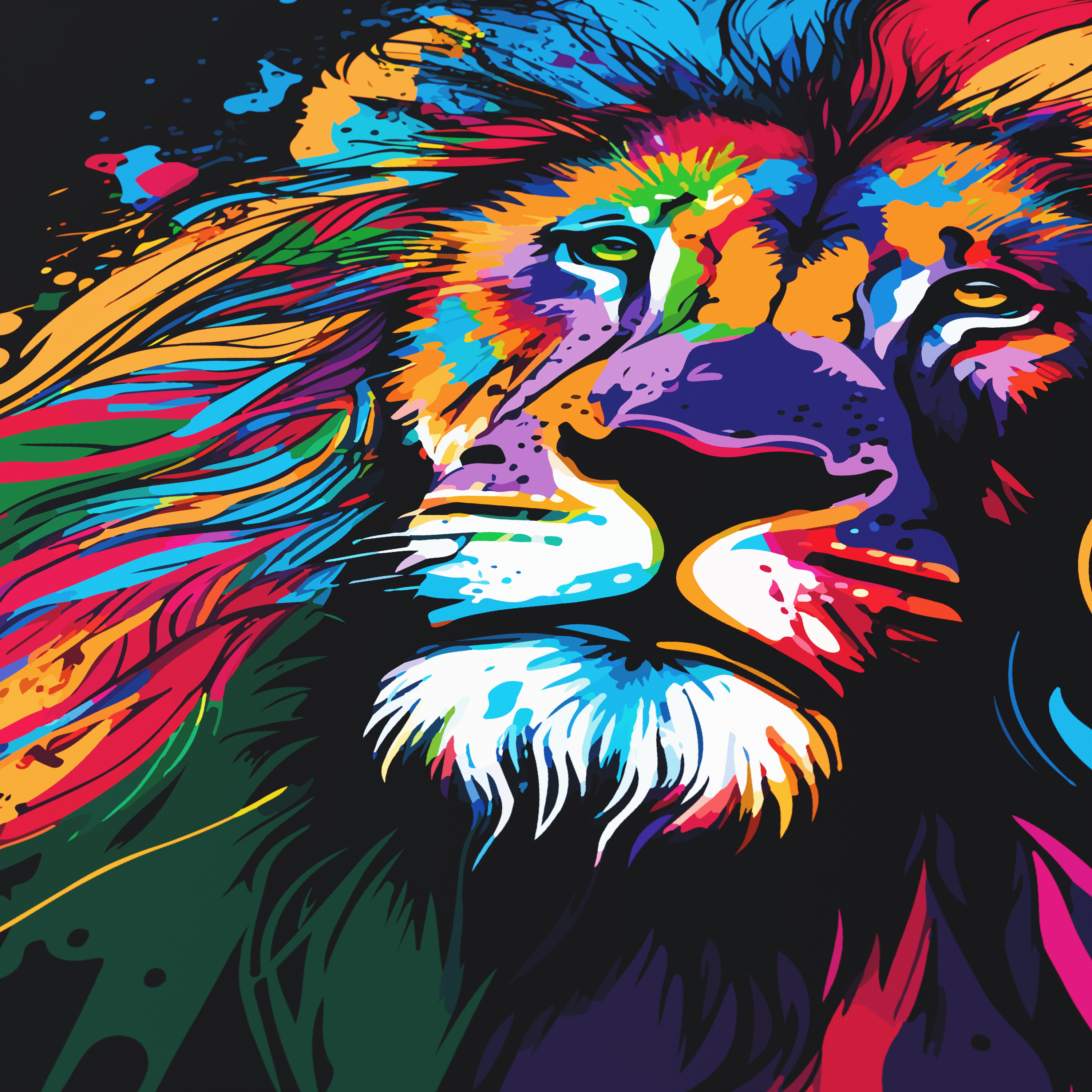 Eine bunte Pop-Art-Illustration eines Löwengesichts vor dunklem Hintergrund in leuchtenden Regenbogenfarben.