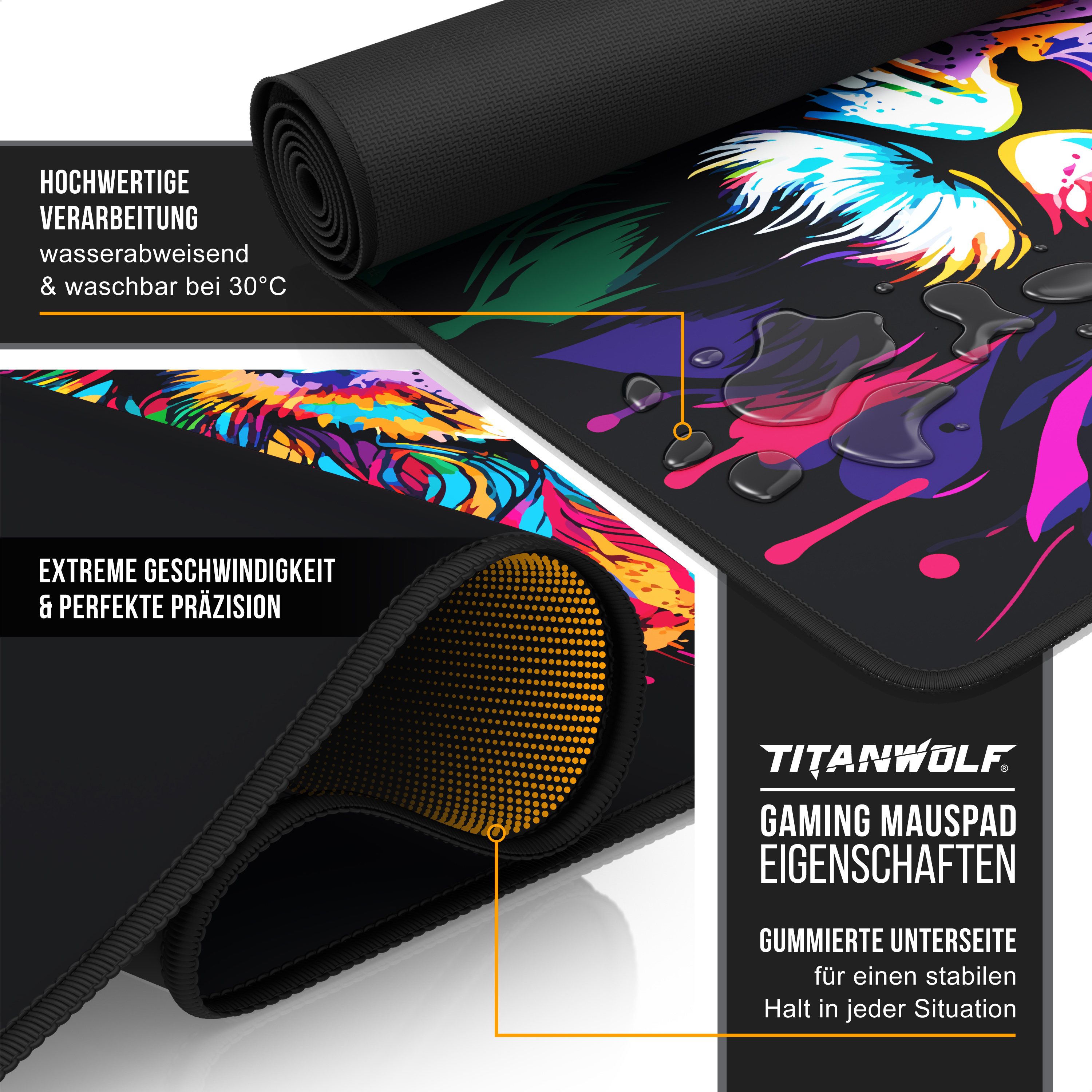 Titanwolf Gaming-Mauspad mit wasserabweisendem, buntem Design und rutschfester Gummiunterseite.