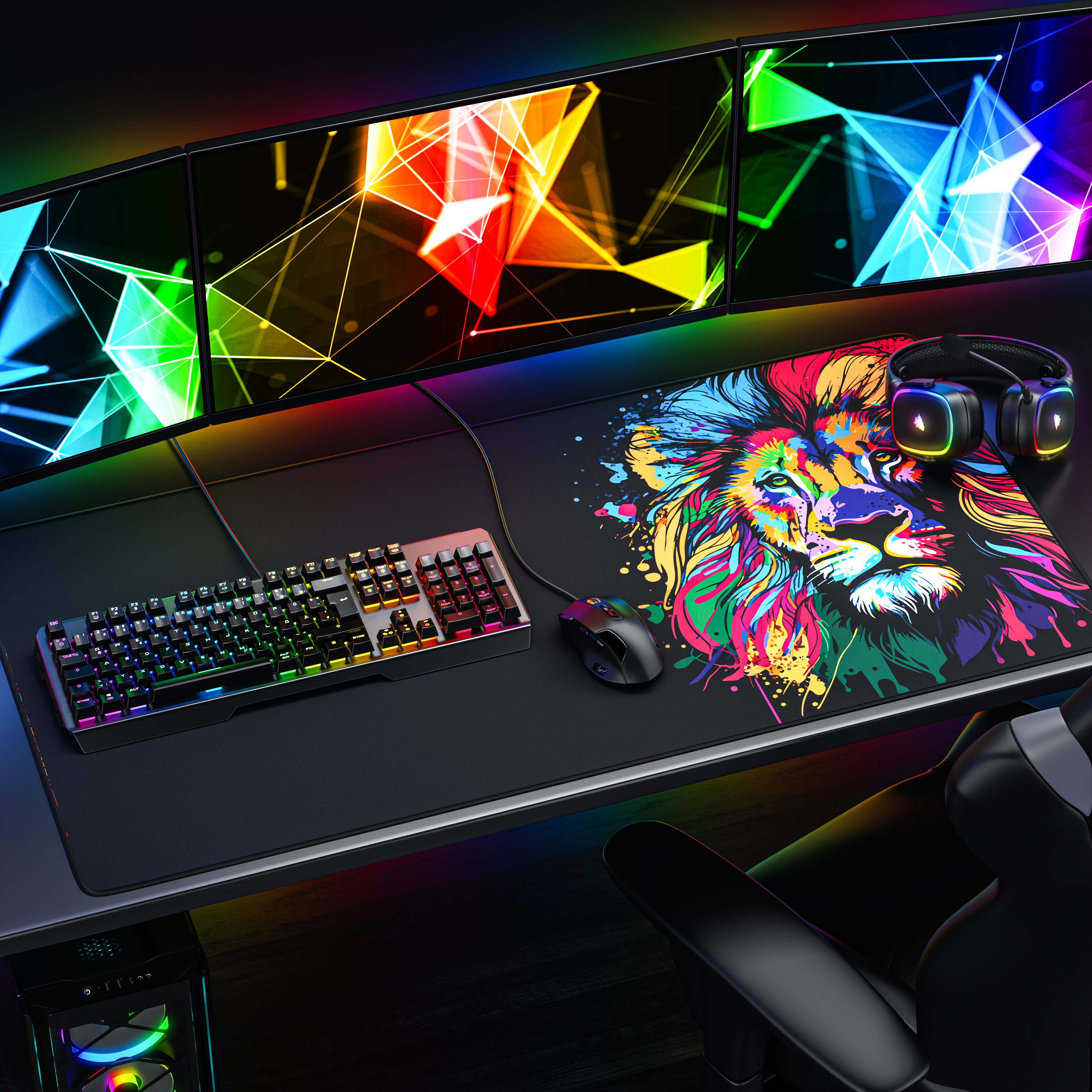 Gaming-Schreibtisch mit drei Monitoren, bunter Löwen-Mausmatte, Tastatur, Maus, Kopfhörern und PC-Turm.