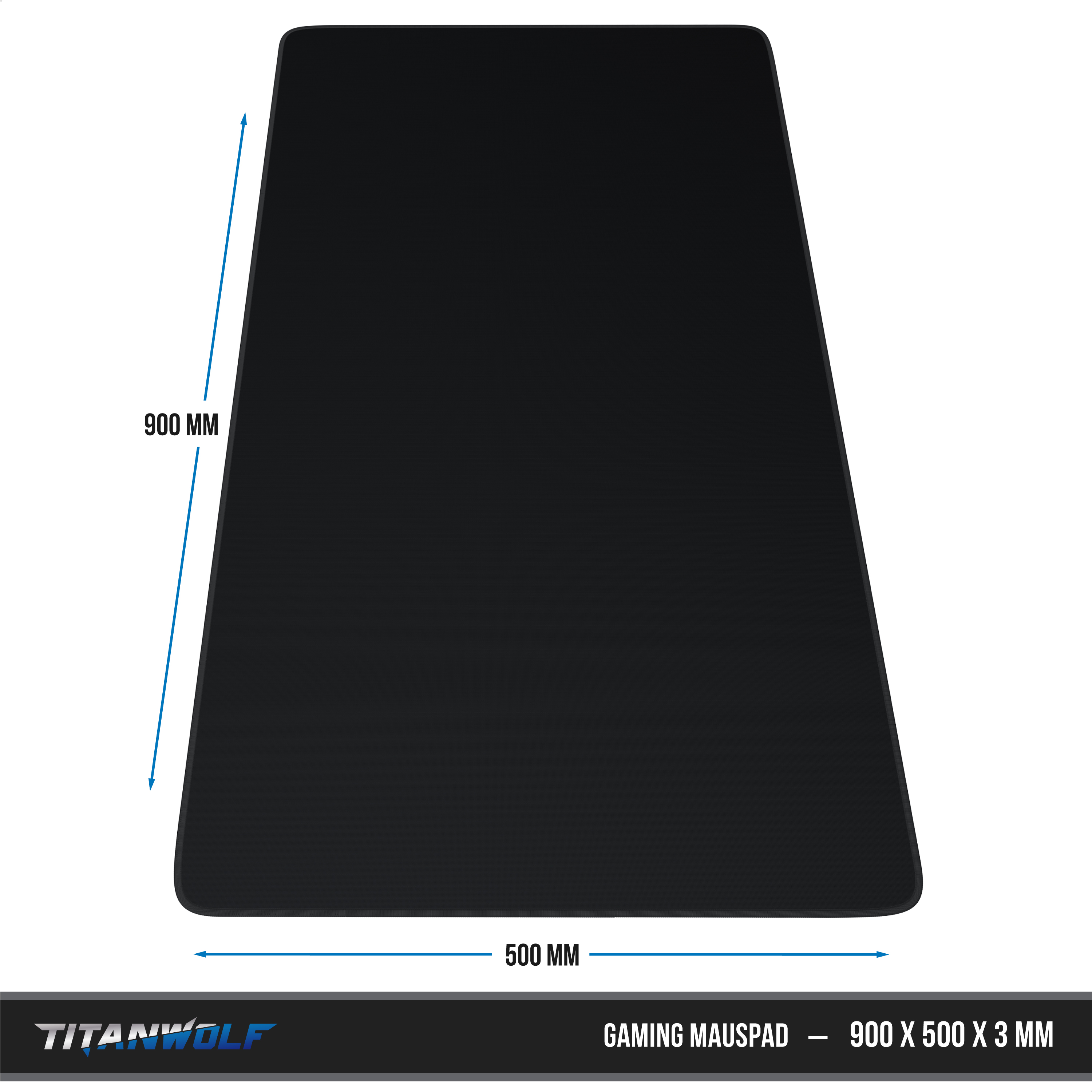 Schwarzes Titanwolf Gaming-Mauspad mit Maßen von 900x500x3 mm und blauen Maßpfeilen.