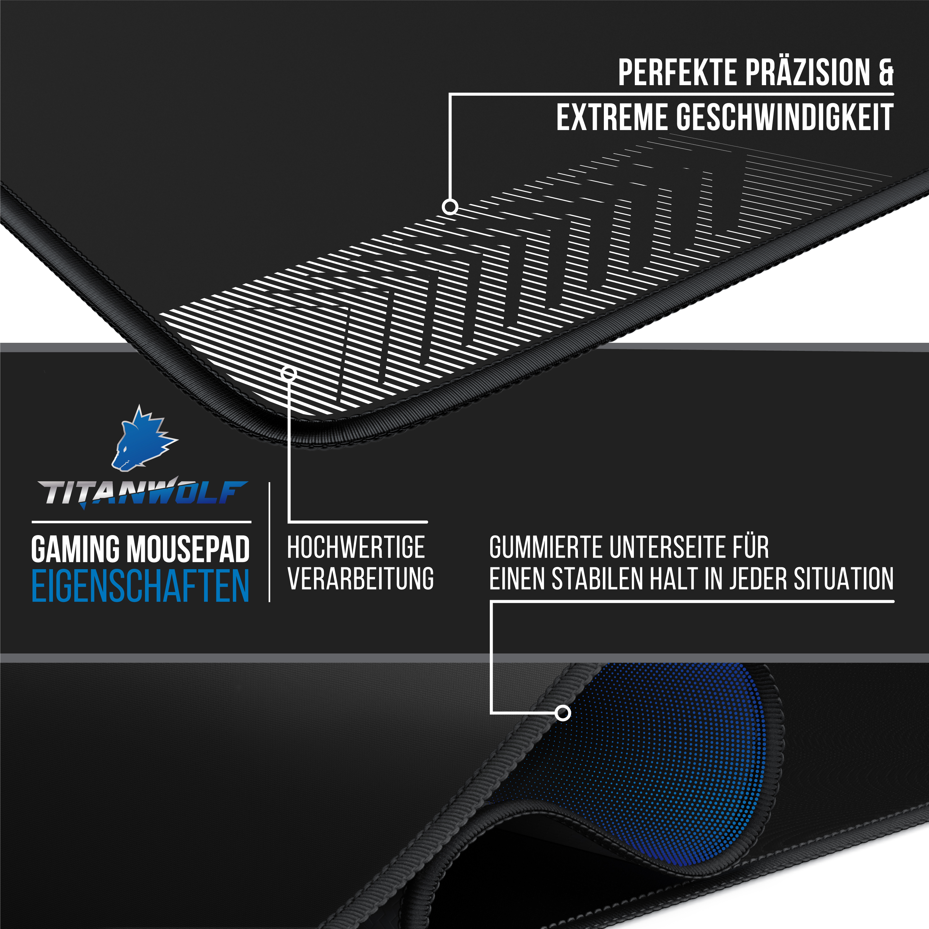 Titanwolf Gaming-Mousepad mit Präzision, hochwertiger Verarbeitung und gummierter Unterseite.