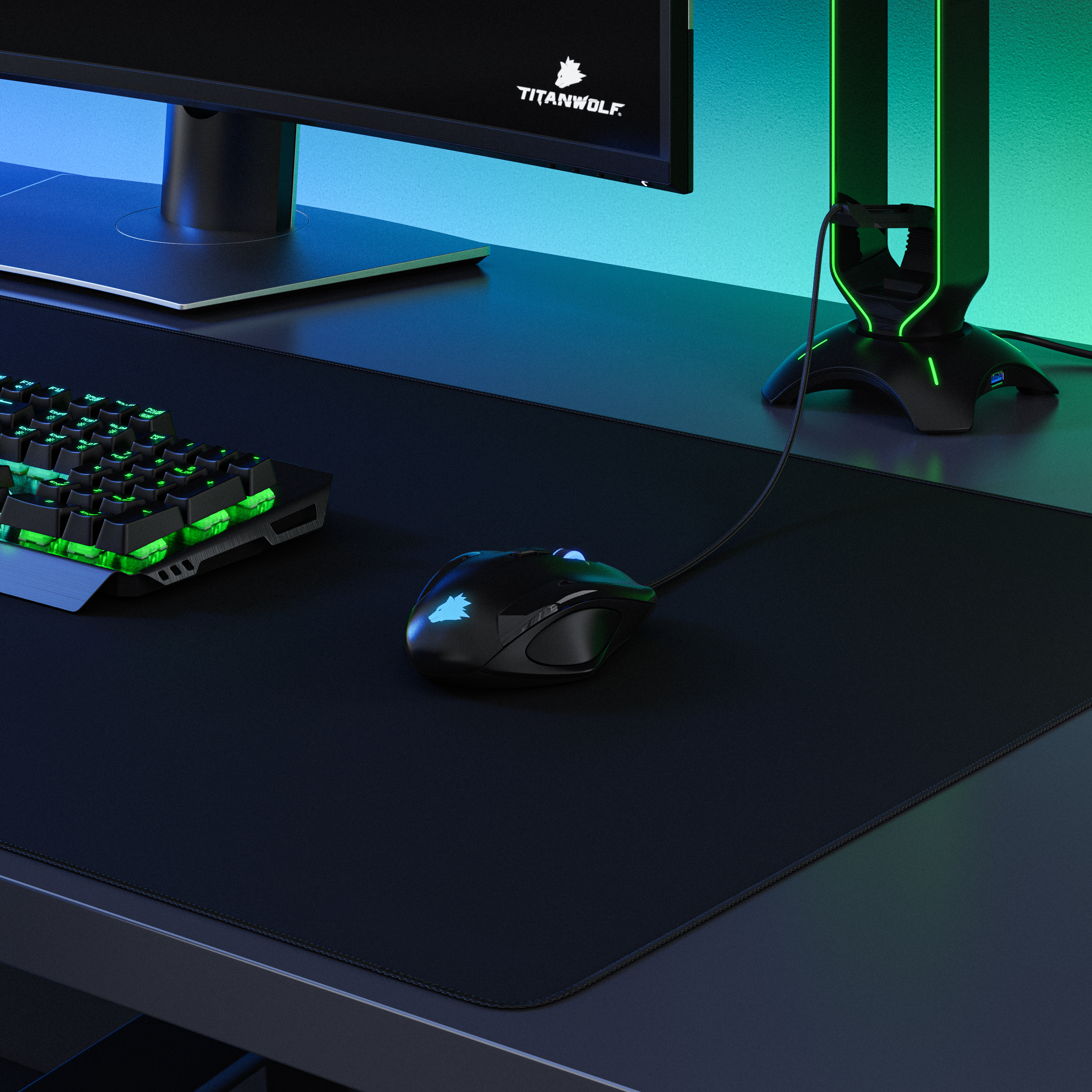 Ein beleuchteter Gaming-Mauszeiger, eine Tastatur und ein Monitor auf einem schwarzen Schreibtisch.