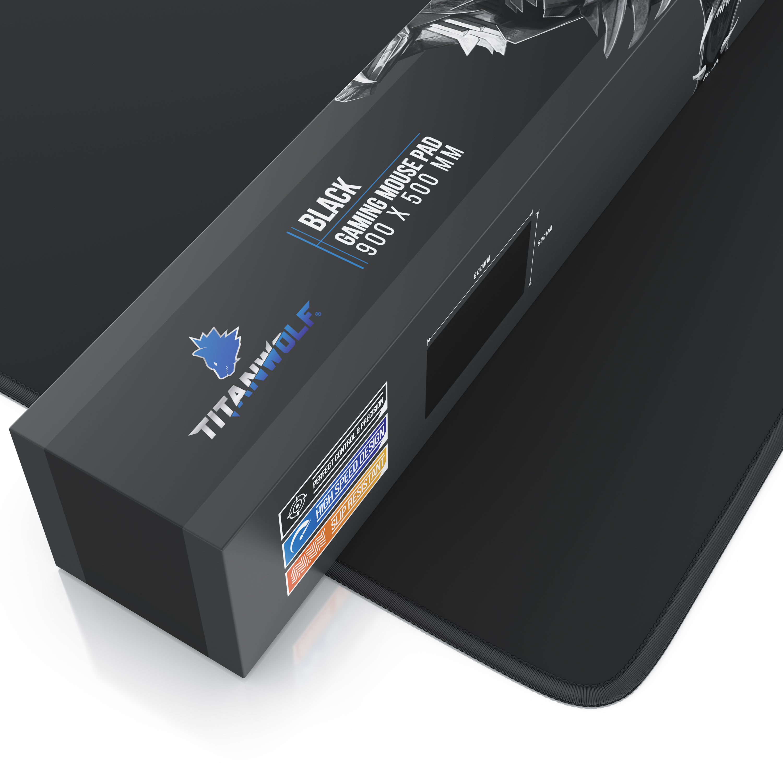 Titanwolf Black Gaming Mousepad Box mit blauem Logo und Produktdetails auf schwarzem Hintergrund.