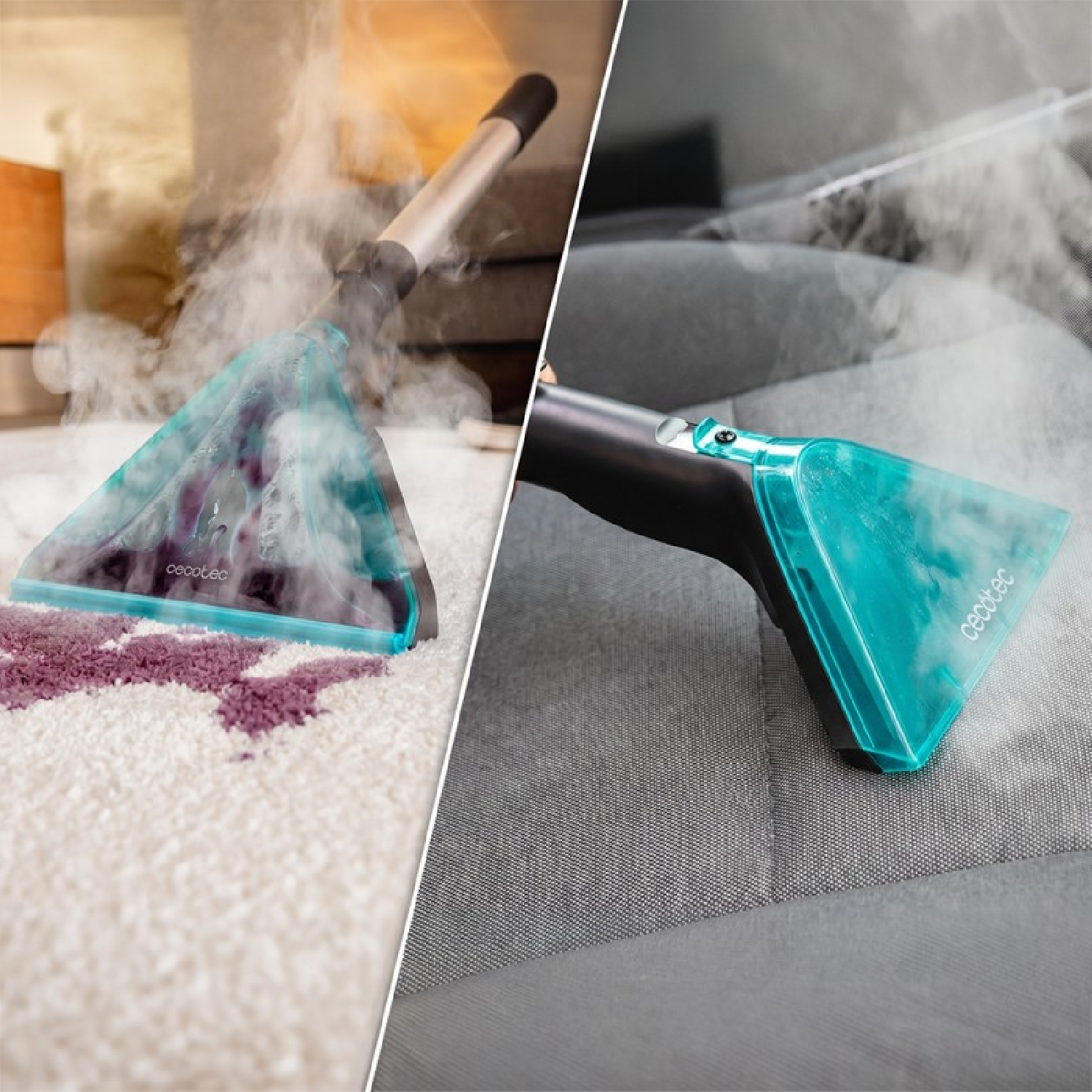 Un limpiador a vapor azul elimina manchas de una alfombra y asiento de coche, emitiendo vapor.