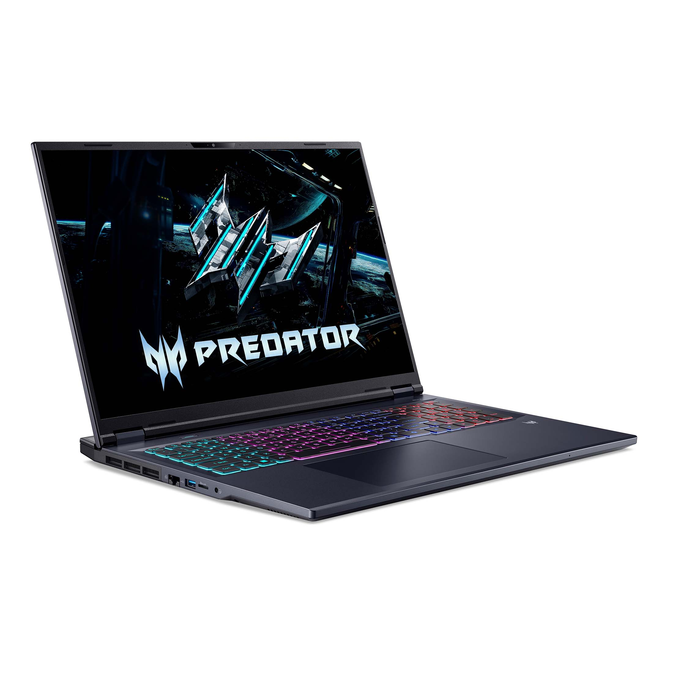 Ein schwarzer Acer Predator Gaming-Laptop mit bunter Tastaturbeleuchtung und dem Predator-Logo auf dem Bildschirm.