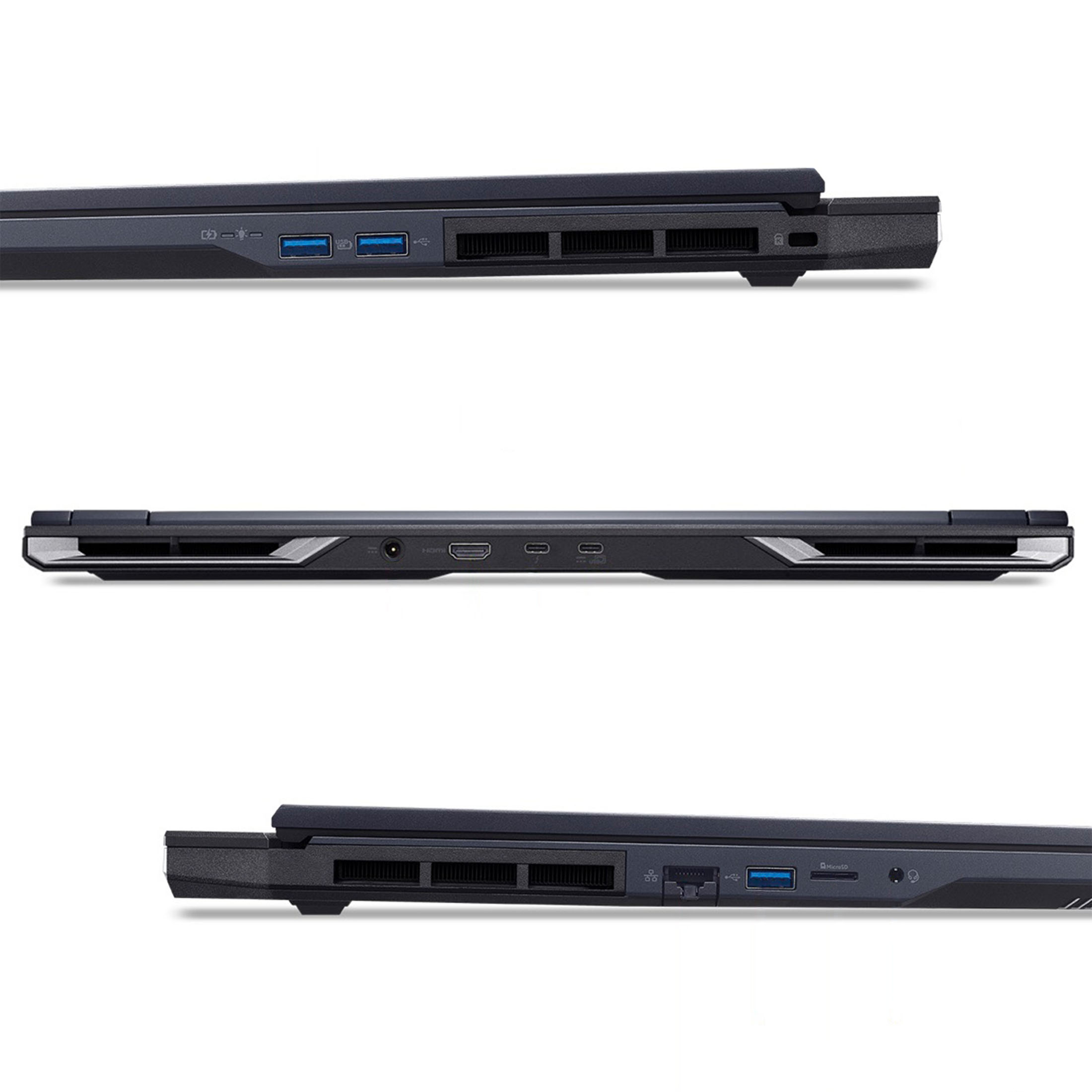 Seiten- und Rückansichten eines dunklen Laptops mit USB-, HDMI-Anschlüssen und Lüftungsschlitzen.