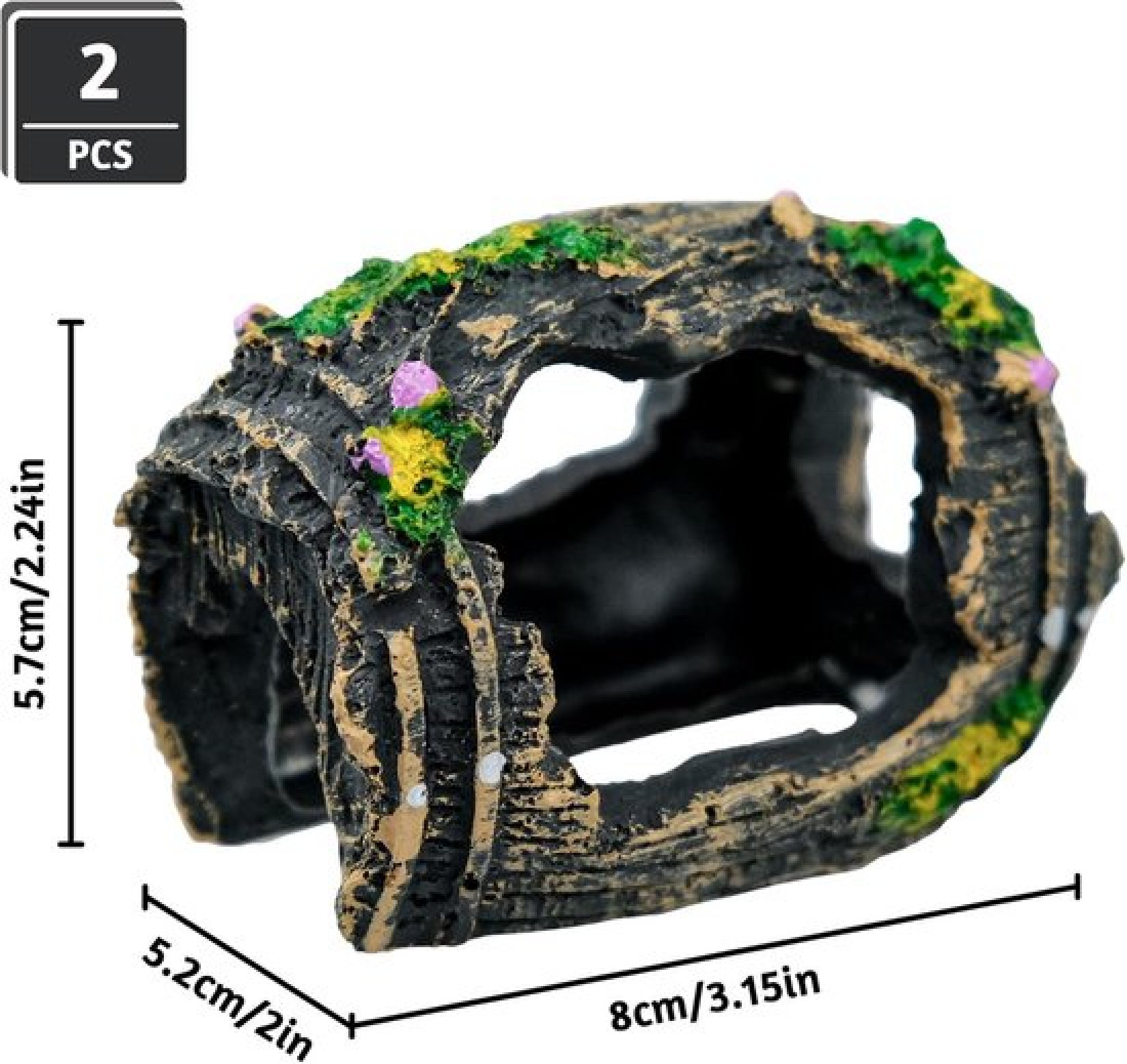 Ein hohles, fassähnliches Aquarium-Versteck mit Moos und Maßen von 8x5,2x5,7 cm.