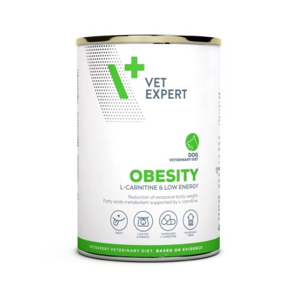 Biała puszka karma dla psa Vet Expert Obesity z zielonym napisem na białym tle.