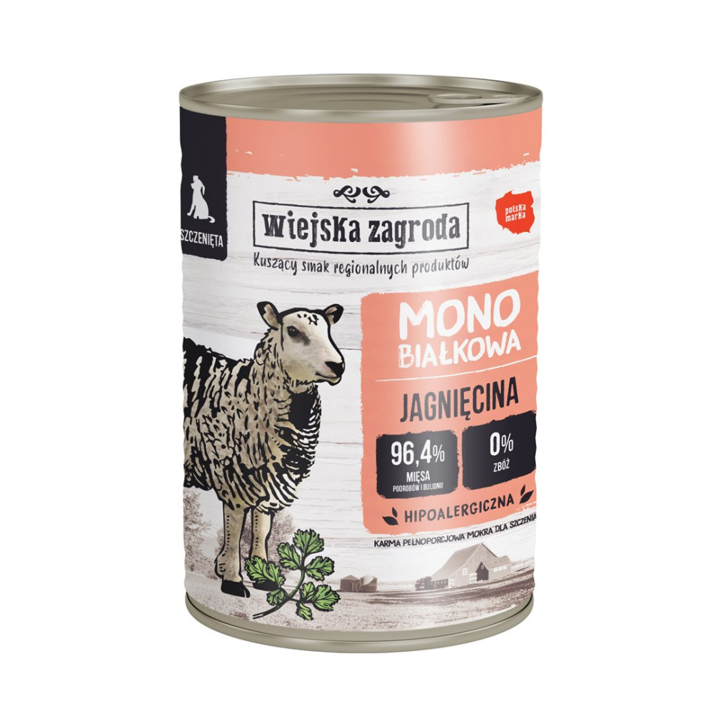 Puszka karmy dla psa z ilustracją owcy, napisem "Wiejska Zagroda" i różową etykietą.