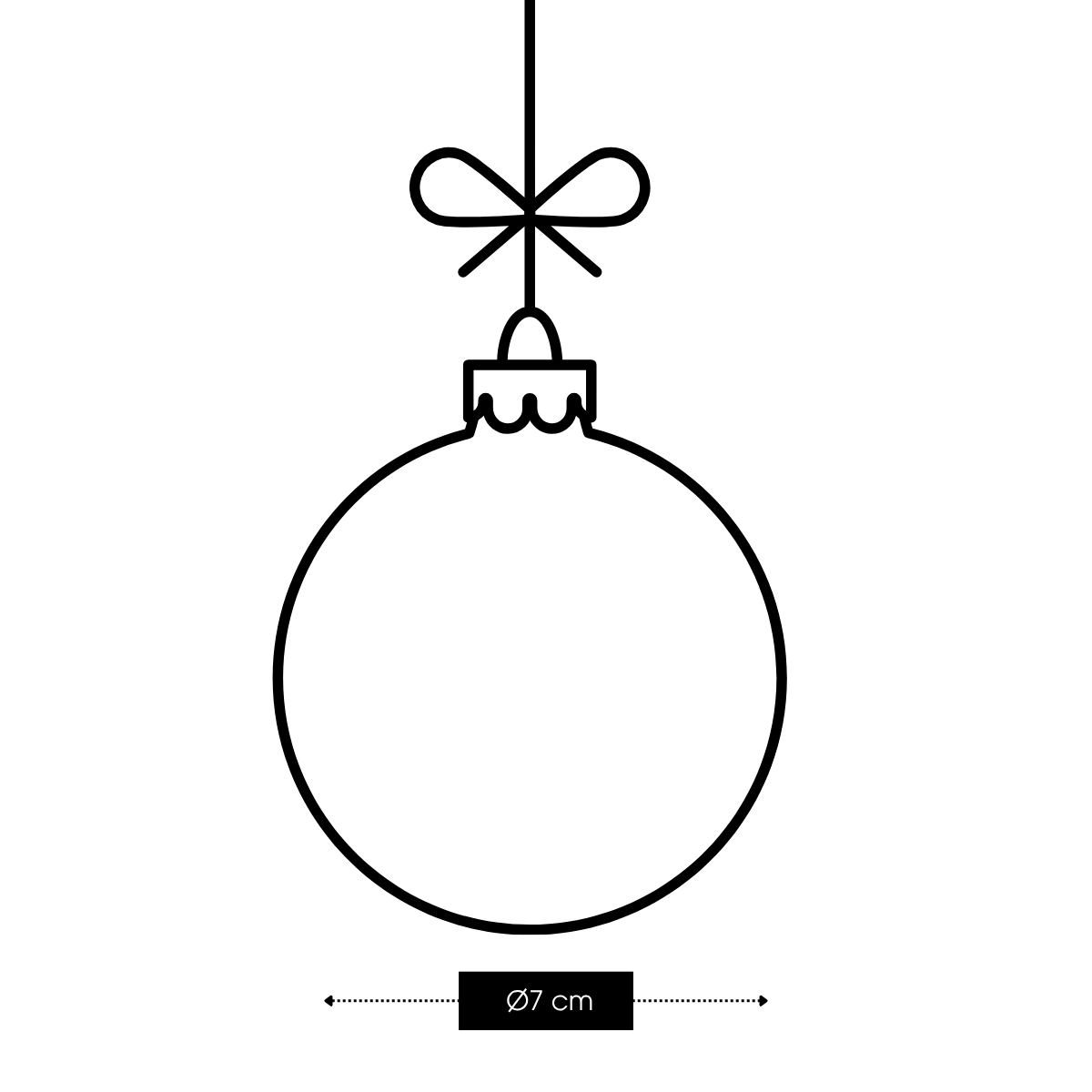 Outline drawing of a hanging Christmas ornament with a bow and a 7 cm diameter indicator at the bottom.
