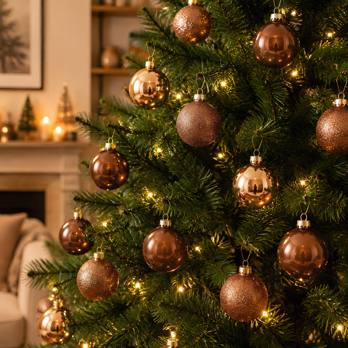 A decorated Christmas tree with glossy brown and glittery copper ornaments, lit by warm fairy lights.