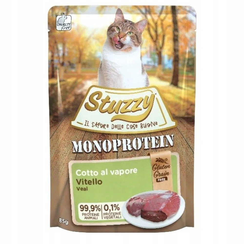 Kieszonka dla kota Stuzzy Monoprotein o smaku cielęciny, ze zdjęciem kota i surowym mięsem.