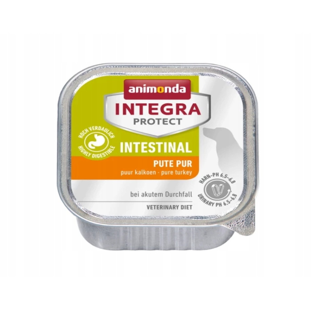 Tacka z karmą dla psa Animonda Integra Protect Intestinal z indykiem na białym tle.